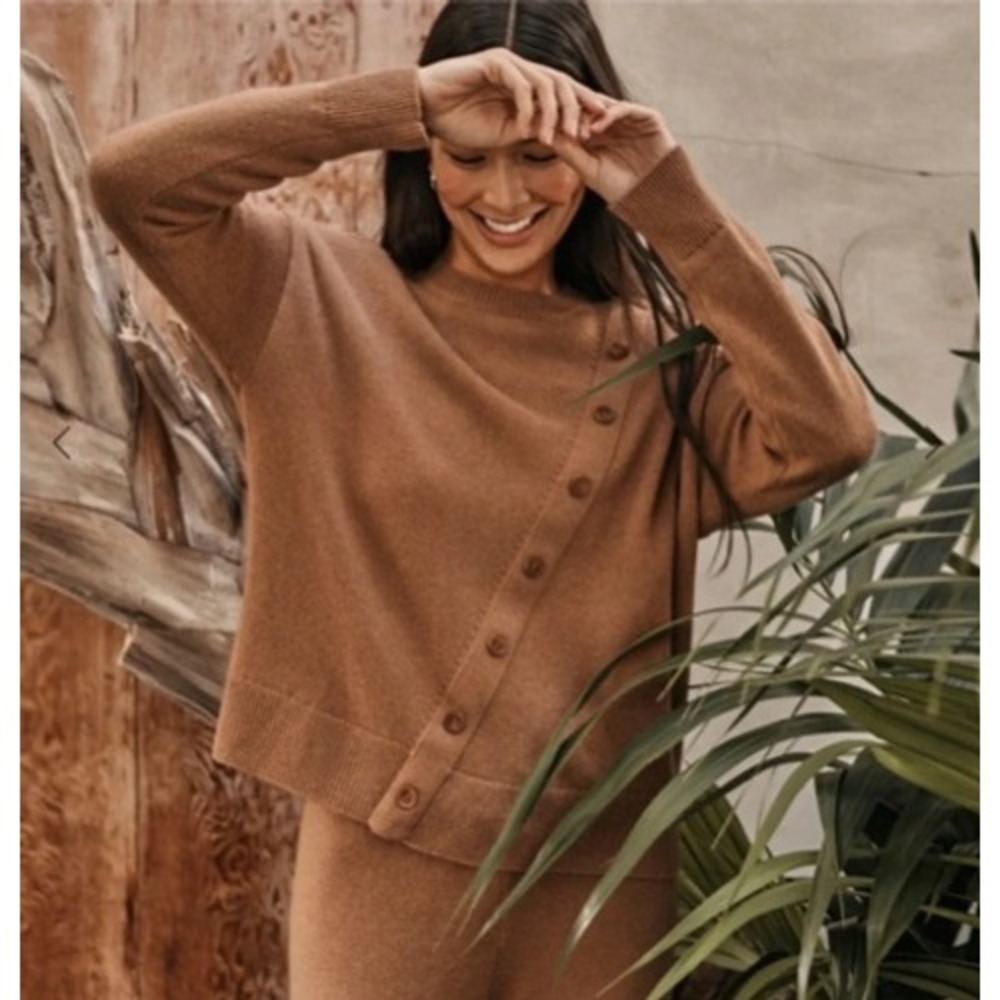 SUMMERSALT Minimalist Asymmetric Cardigan Size M Brown Cashmere Wool Blend